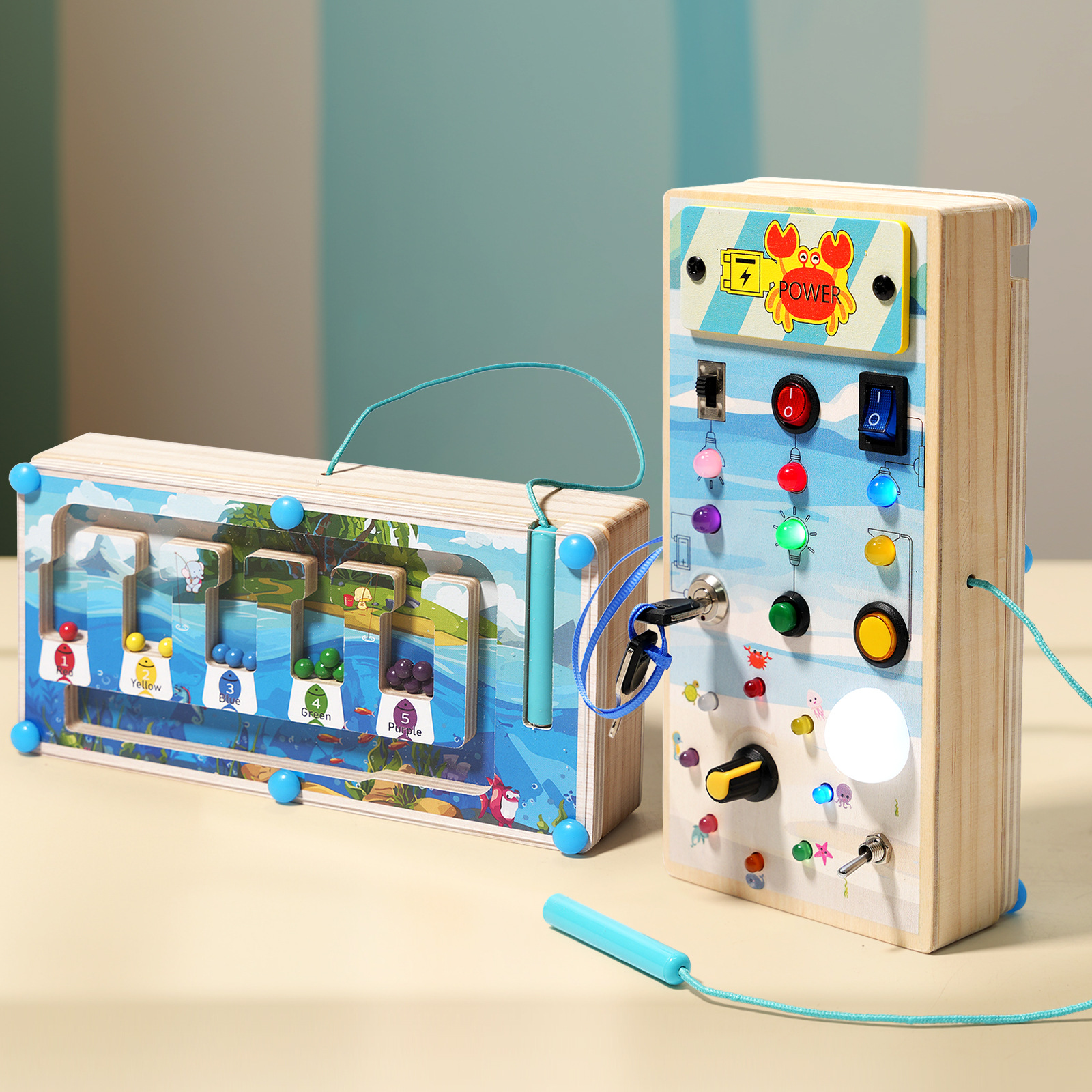 Nuevos niños transfronterizos Educación temprana Luz LED de madera Tablero ocupado Interruptor de enchufe Juguetes de desbloqueo Juguetes prácticos de madera