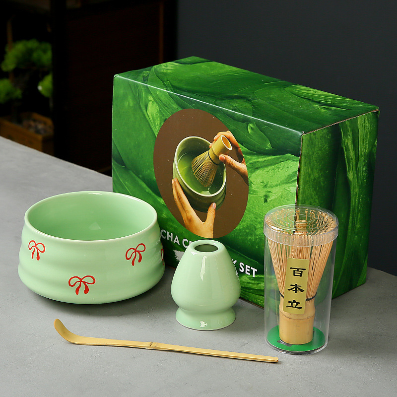跨境抹茶碗套装樱桃蝴蝶结心形图案花纸陶瓷百本立茶筅点茶系列|undefined
