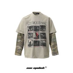 Eon Modish 2025春の新型はアメリカのレトロな街頭の偽の2つの古い長袖のtシャツを撮影します。