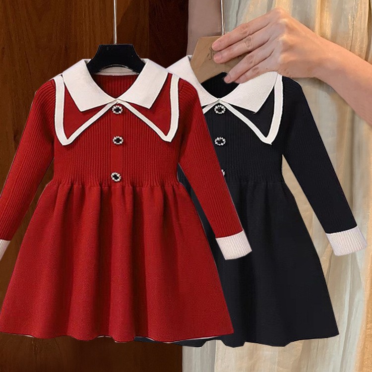 女童秋冬2025新款童装儿童连衣裙中小童宝宝红色针织裙子毛衣裙