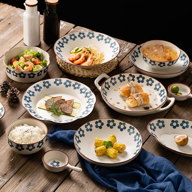 Japanese-style Tableware Dishes and Dish suit Household Binaural Soup Plate Rice Bowl Ceramic Irregular Salah Bowl Noodle Bowl Stoneware