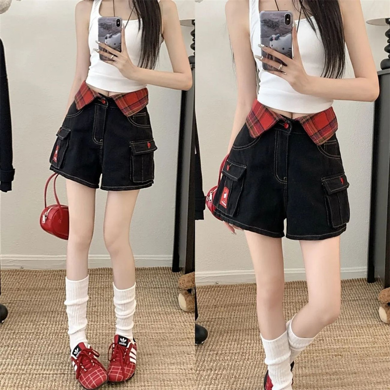 Petite American Retro Cat Embroidery Patchwork Denim Shorts for Women, Summer High-Waisted Loose Slimming Shorts Hot Pants