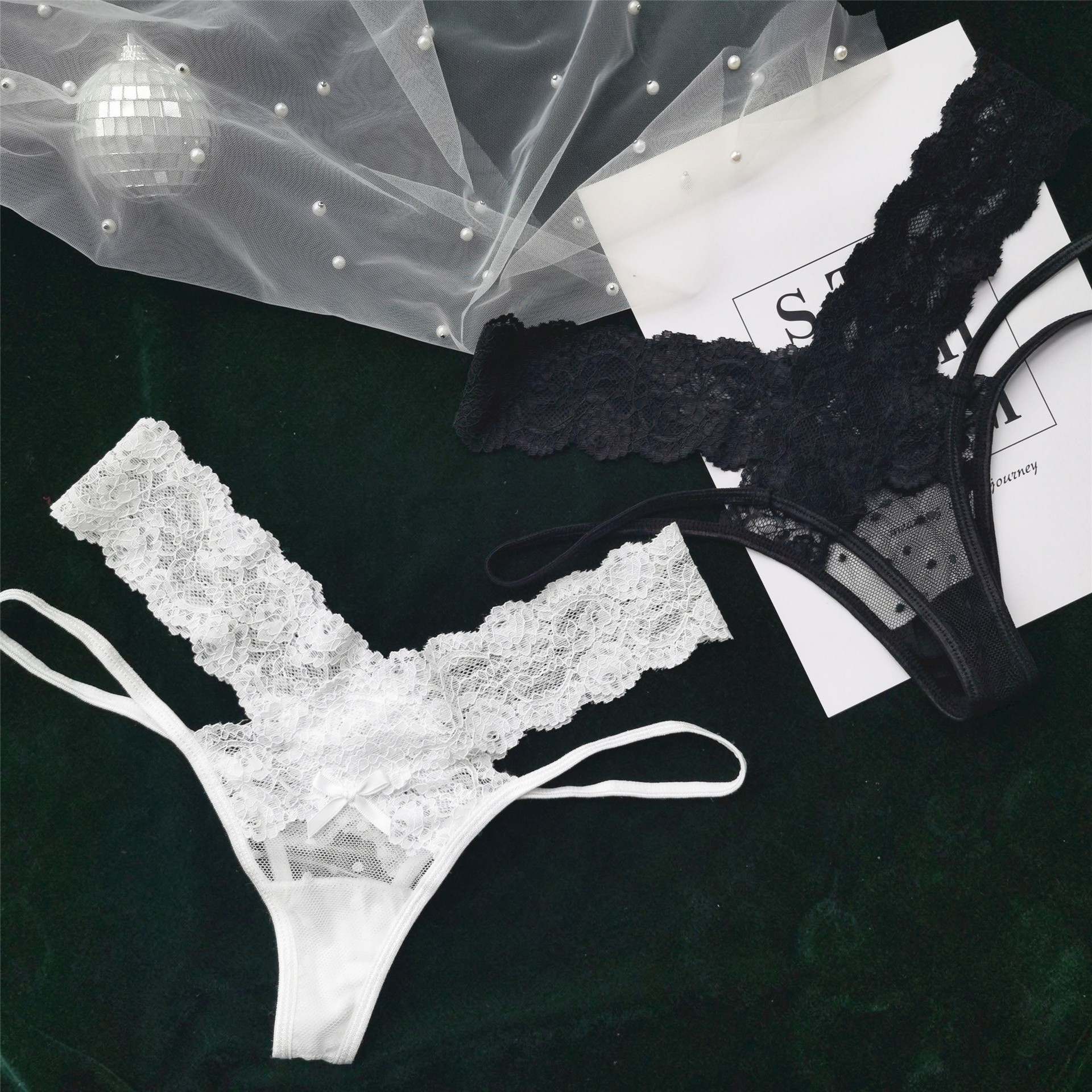 Women’s Low-Waist Lace Thong in Black with Polka Dot Detail, Size L — detail image 11