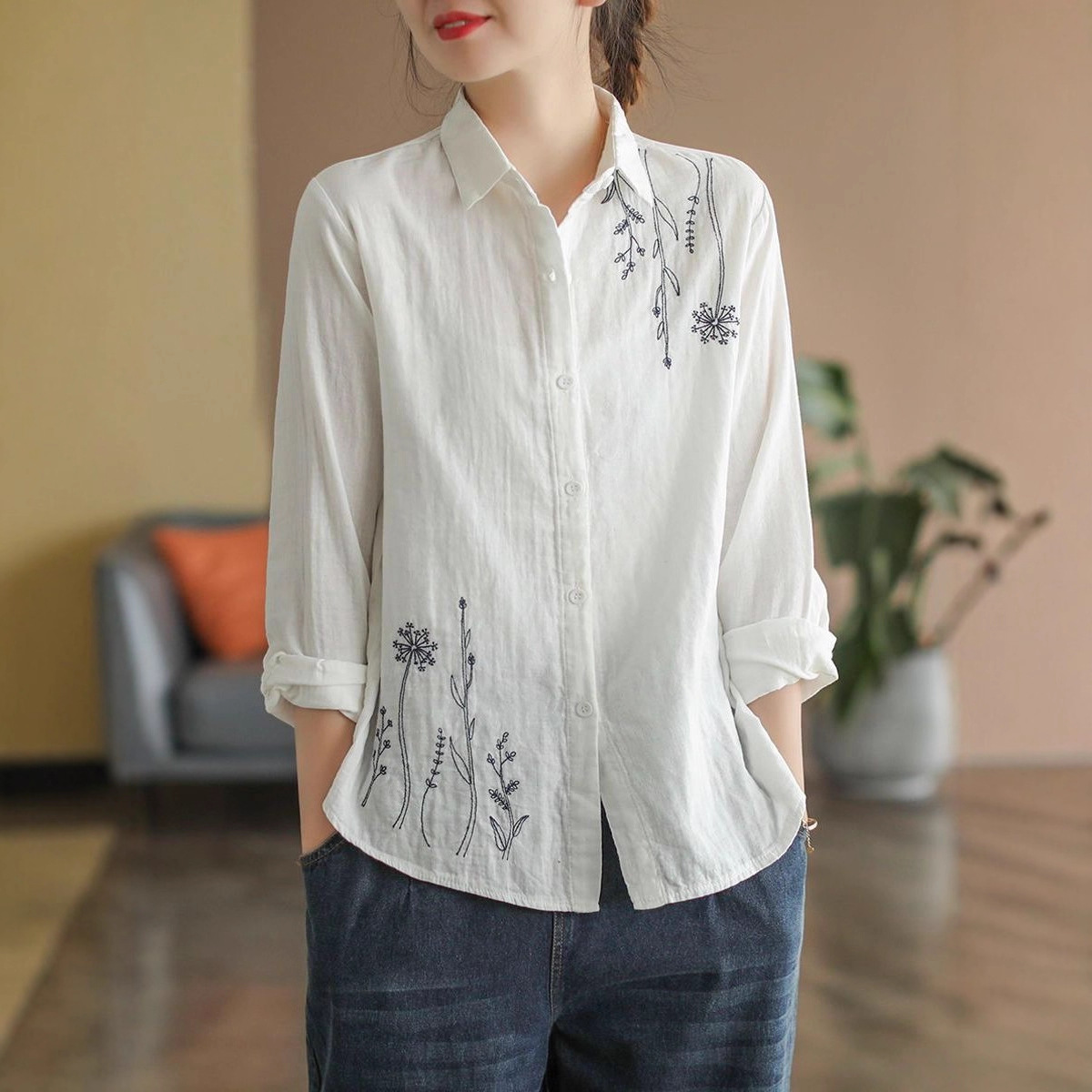 棉麻衬衫女士春秋2025新款女装妈妈春装长袖衬衣外套大码休闲上衣