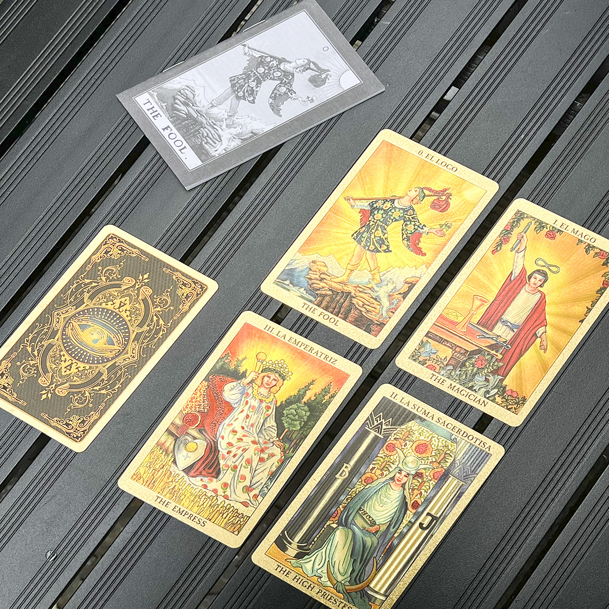Englisch- und spanischsprachige Tarotkarten, Goldfolie, umweltfreundliches PET-Material, wasserfest, personalisierbare Bilder_voghion.com