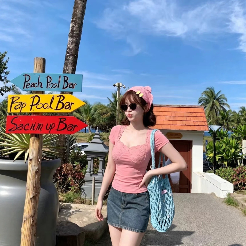 Callmeearii【Heartbeat Venus】Patchwork Design Waist-Slimming Short-Sleeved T-Shirt Women's Summer Top
