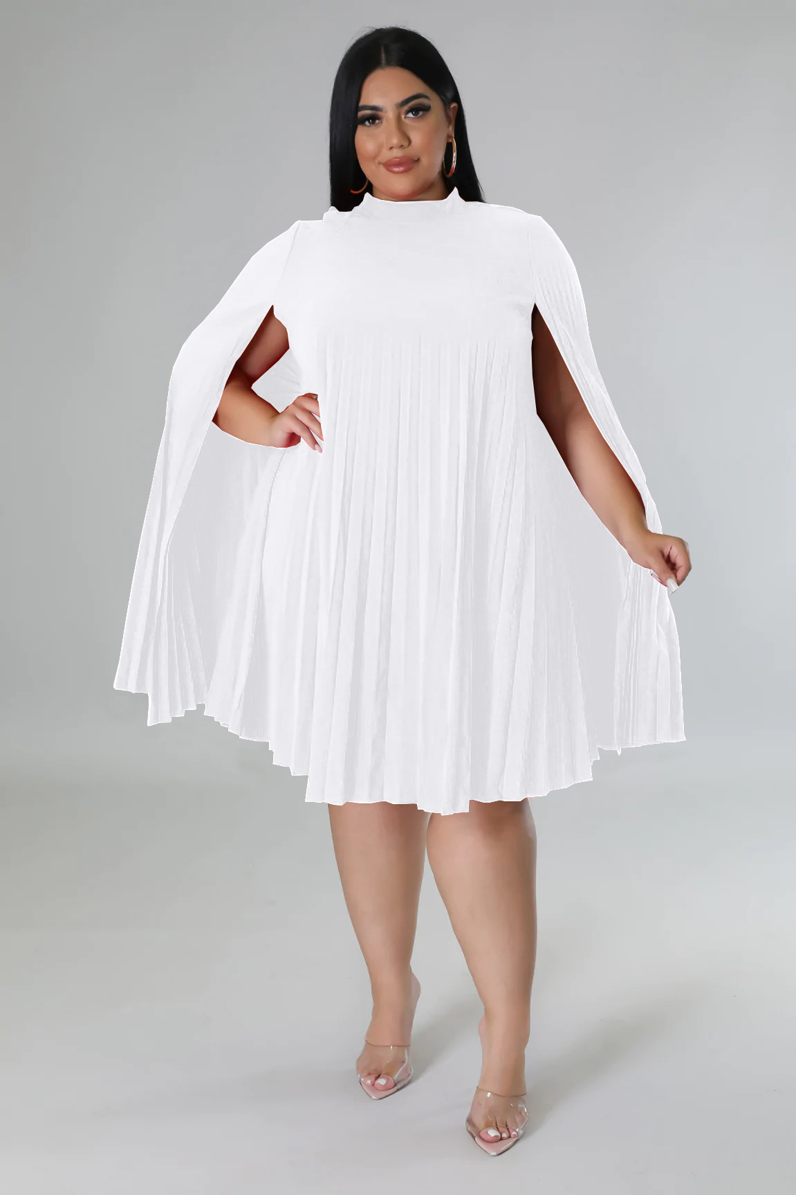 Fashion Solid Color Round Neck Long Sleeve Patchwork Polyester Plus Size Knee-Length Pleated Skirt