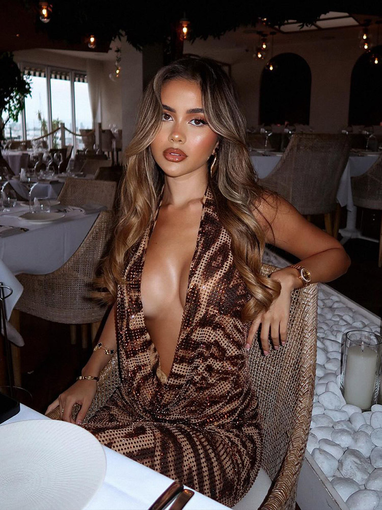 European And American Foreign Trade Women's Clothing New Fashion Sexy V-Destroyed Halter Dress Classic Leopard Pattern Printed Sequined Dress For Women display picture 3