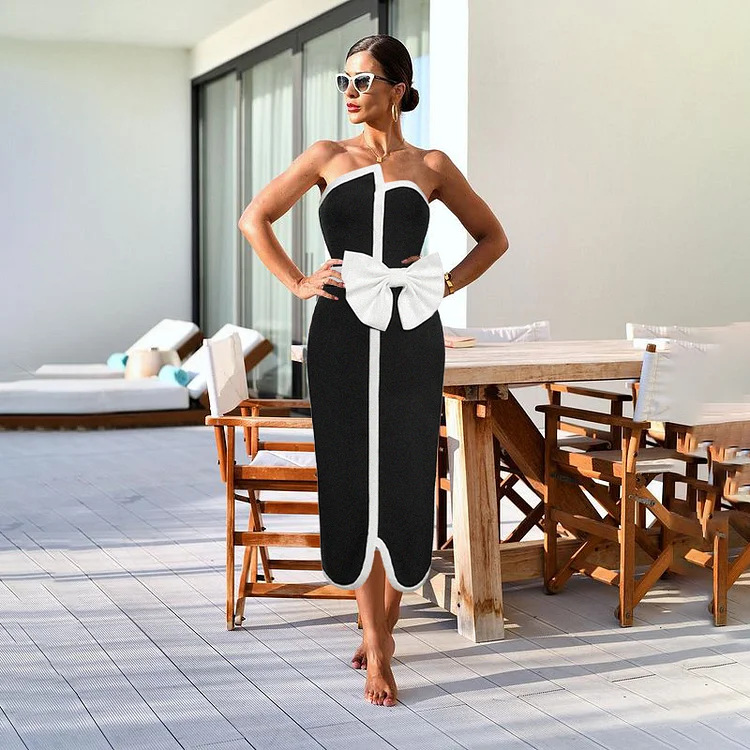 GraceChic Black White Color Block Bowknot Strapless High-End One-Piece Swimsuit Set For Women 2024 European And American Swimwear_voghion.com