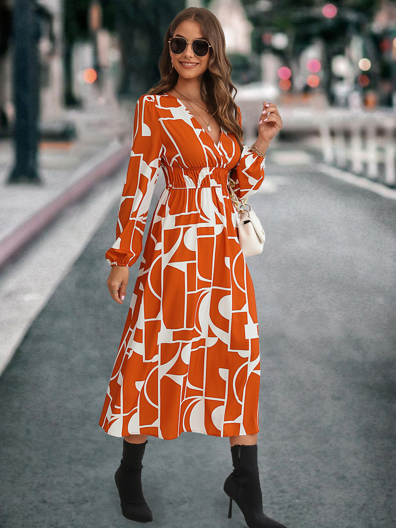 Robe imprimée à manches longues et col en V pour femmes, la plus vendue_voghion.com