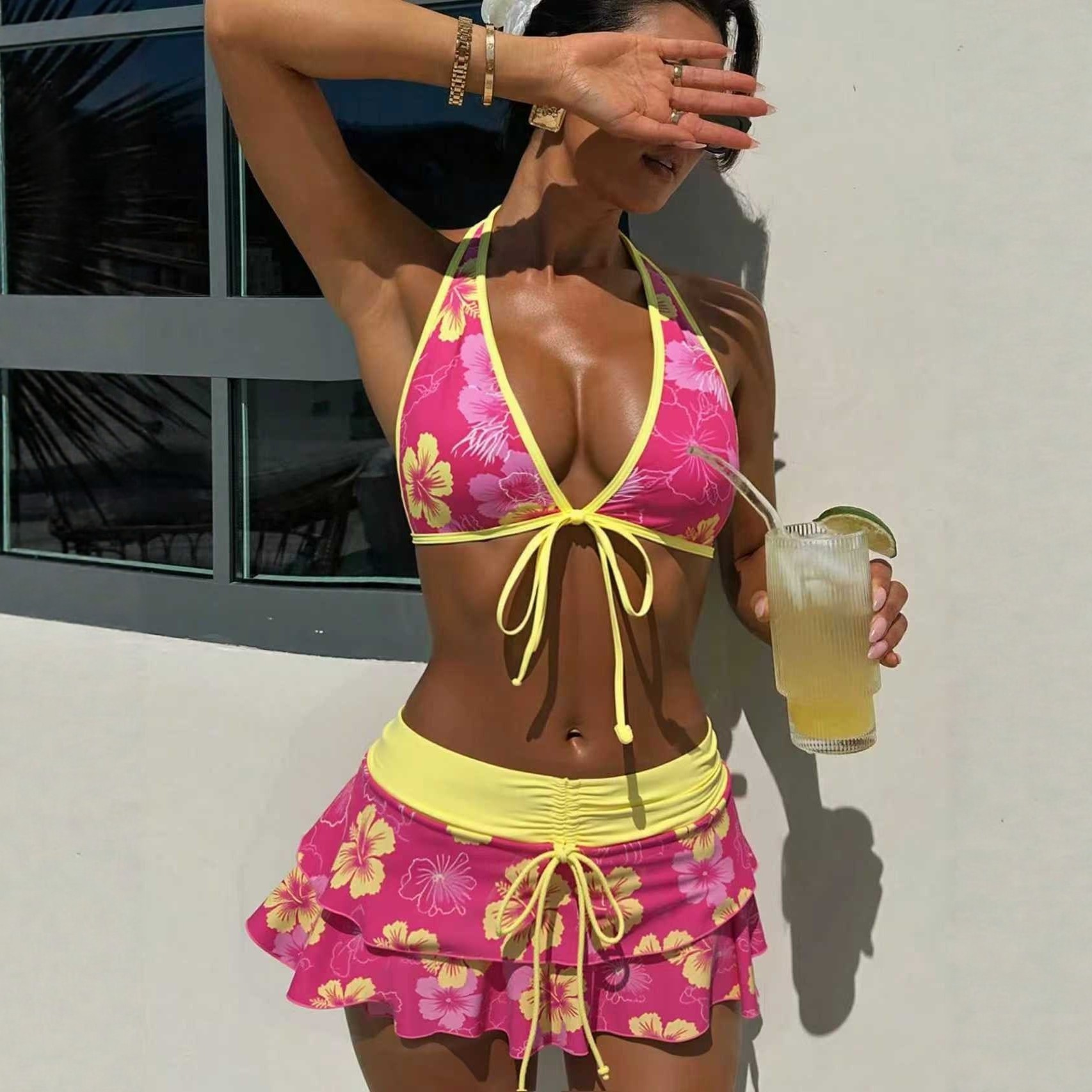 2026跨境出口泳衣套装女花朵印花系带泳裙三件套亚马逊性感比基尼