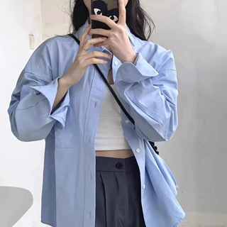 蓝色衬衫女春夏季小众法式衬衣薄款防晒开衫外套上衣透气轻薄