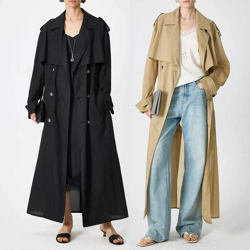 Женская удлиненная ветровка-пальто свободного кроя, двубортная, с лацканами, новый стиль ранней осени 2025 года, универсальная, многофункциональная.