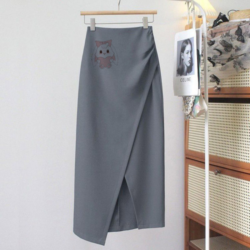 A mid-length dress with a high waist, featuring an irregular hemline, side slits, and a fitted silhouette, combining the style of a tailored blazer with the flair of a autumnal pleated skirt.