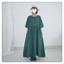 日本潮牌  垂感亚麻木耳边弧形腰线短袖连衣裙大长袍绿色文艺复古