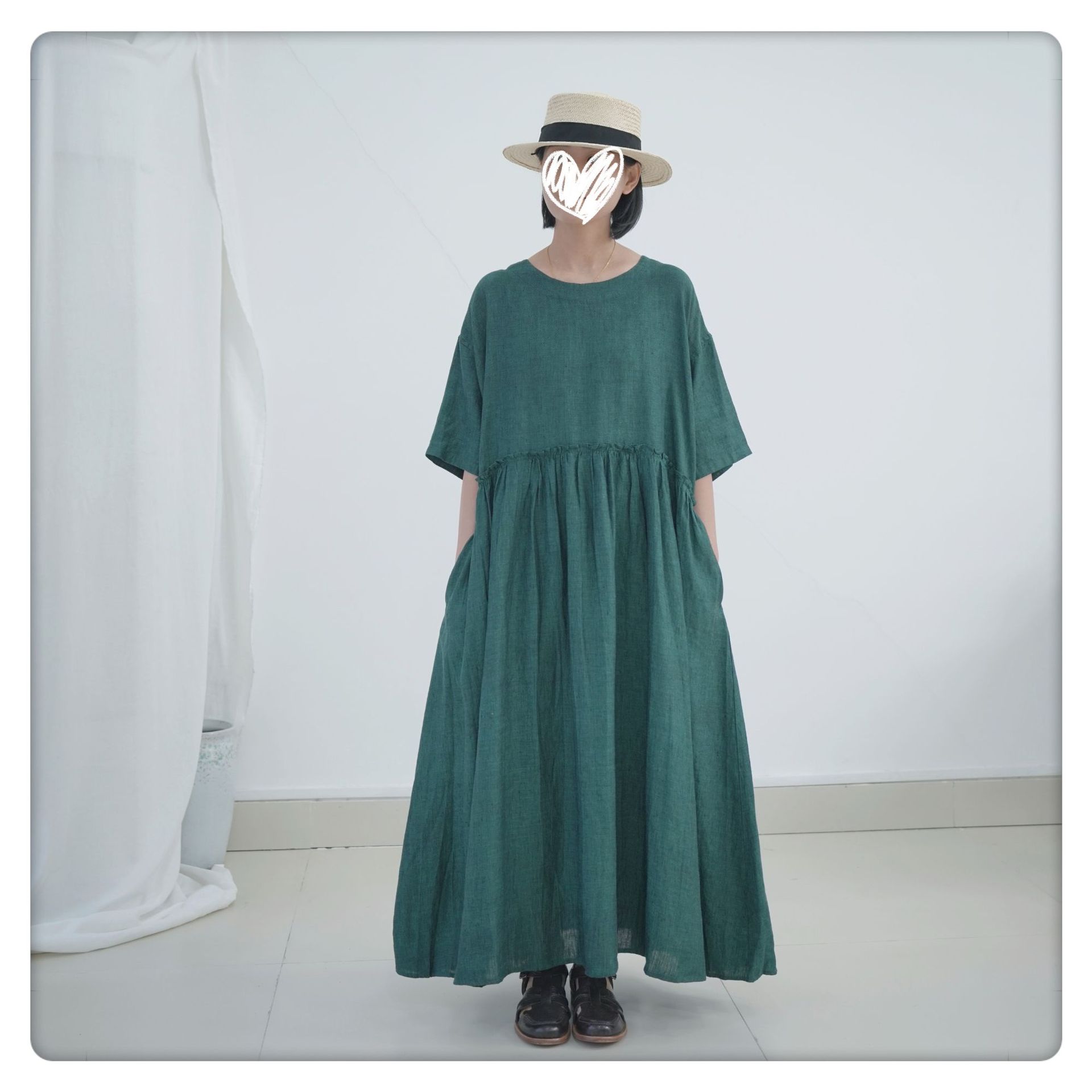 日本潮牌  垂感亚麻木耳边弧形腰线短袖连衣裙大长袍绿色文艺复古