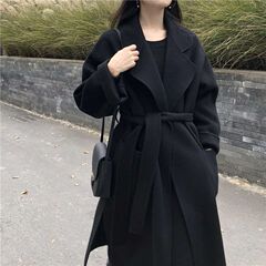 双面羊绒大衣女中长款宽松韩国手工系带羊毛大衣加厚毛呢外套
