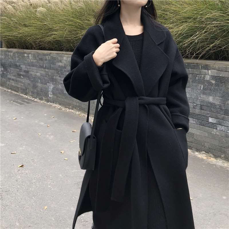 双面羊绒大衣女中长款宽松韩国手工系带羊毛大衣加厚毛呢外套|undefined