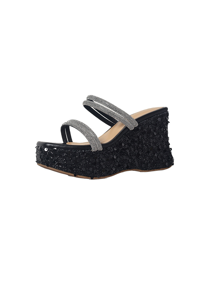 Sandal cao gót nữ mũi vuông hở ngón đính đá lấp lánh phong cách Pháp — màu đen, bạc chi tiết 21