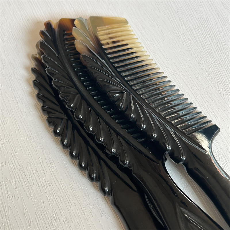 Yak Horn Comb 18cm Thick Carved Handle Comb Black Flower Pattern Hair Comb for Daily Grooming specifications