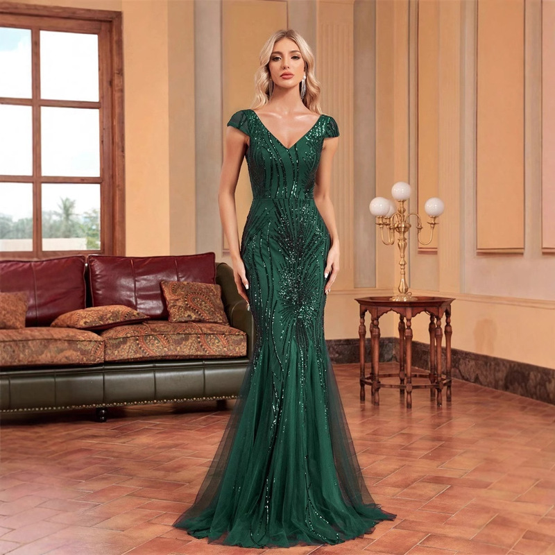 European and American Amazon 2025 New Green Sequin Dress Long Slim Fishtail Bridesmaid Banquet Evening Dress for Women