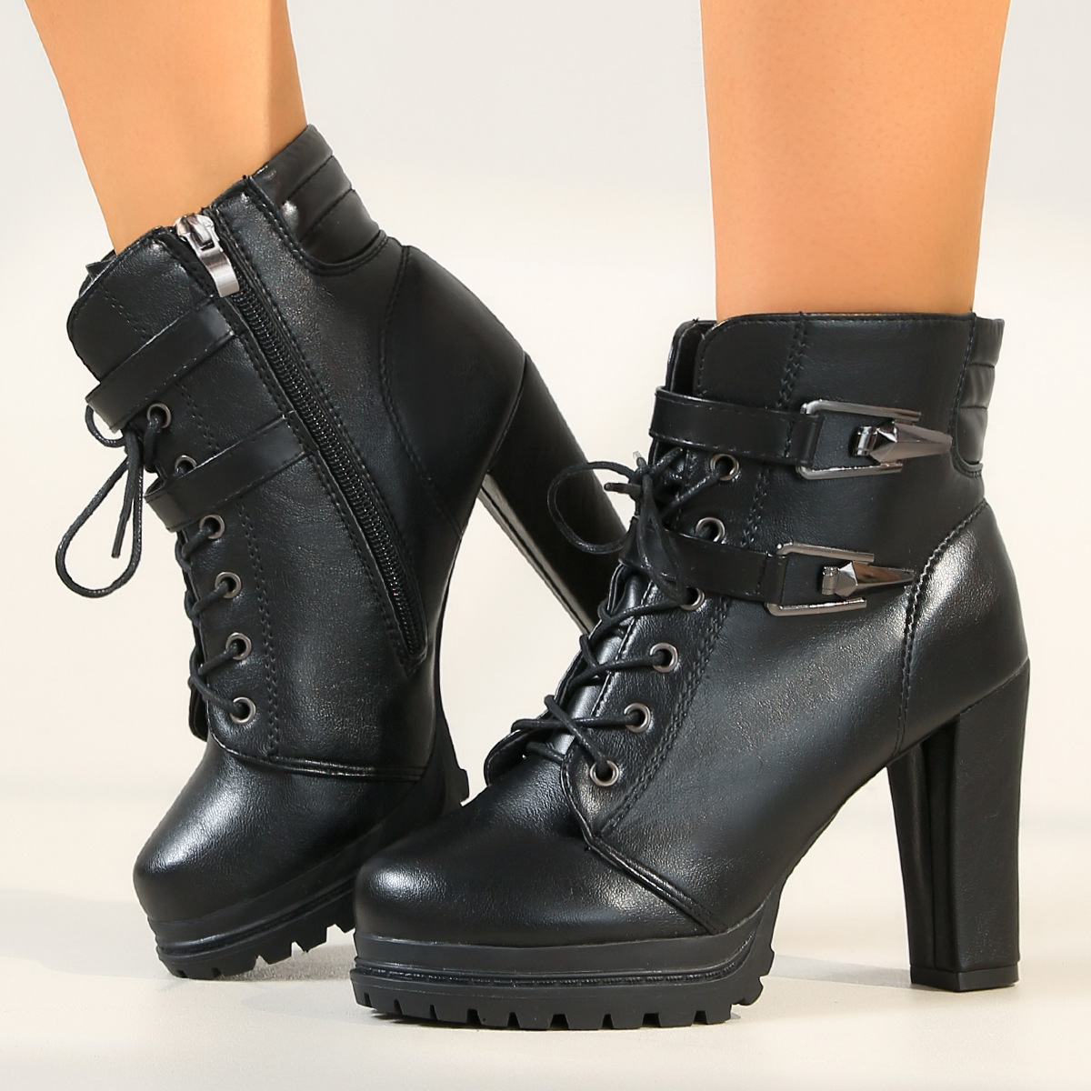 Boots Women's Thick Heel Short Boots 2025 Autumn and Winter New British Style High-Heeled Women's Shoes Fleece-Lined Lace-Up Women's Boots Trendy