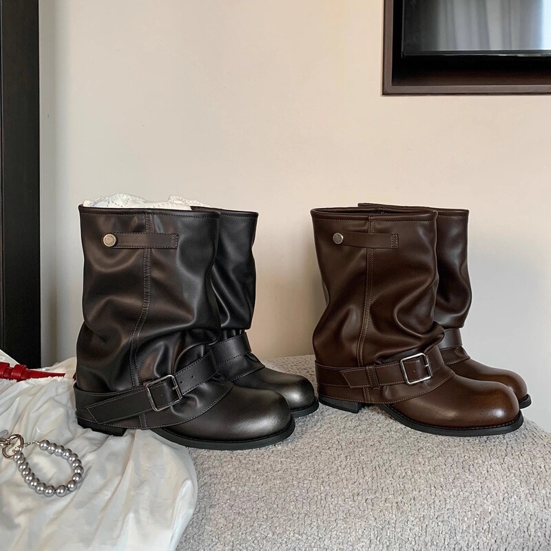 Cowhide Version of Grape Mom's Same Style Hot Girl Pants Boots, Fashionable Wasteland Style Pleated Buckle Western Cowboy Boots and Short Boots