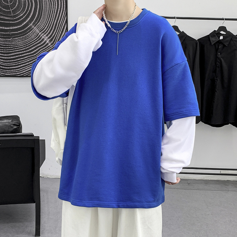 Candy colored long sleeved hoodie men's spring autumn new round neck fake two-piece ins neutral solid color sports_voghion.com