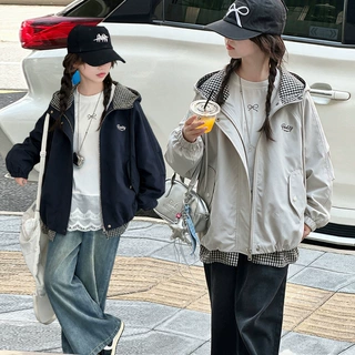 女童秋季三防连帽外套2026中大童格子下摆外套湖州织里童装一件代