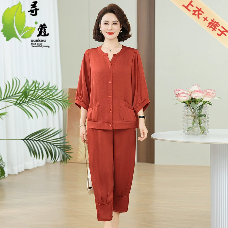 Среднее и старое женское платье большой размер повседневный костюм женский семь рукавов средний возраст мама костюм летняя тонкая одежда 40-60