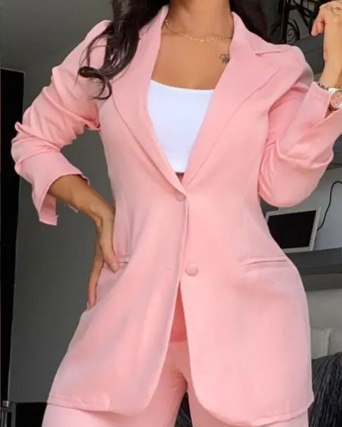 women's sets Women's and Elegant Solid Color Split Sleeve Lapel Suit Pocket Straight leg Trouser Set_voghion.com