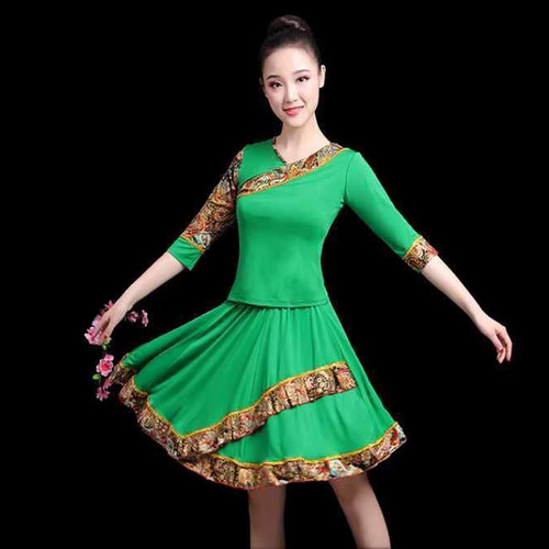 Spring and summer square dance clothing new suit Tibetan dance long-sleeved culottes Latin dance middle-aged and elderly performance clothing