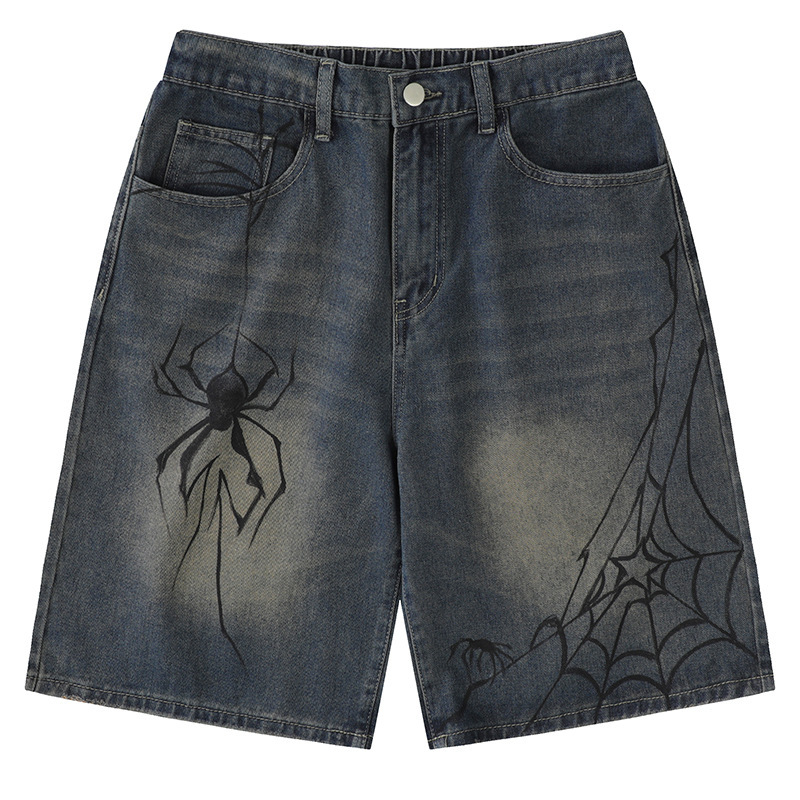 YPRS Men's American Style Retro Summer Denim Shorts Men's Trendy Brand Loose Spider Hand-painted Printed Old Couple's Dress
