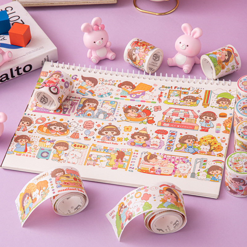 Pequeñas flores de aceite especial de mano cinta adhesiva rollo completo de pegatinas de mano material decoración de dibujos animados para niños lindos y cinta adhesiva de papel
