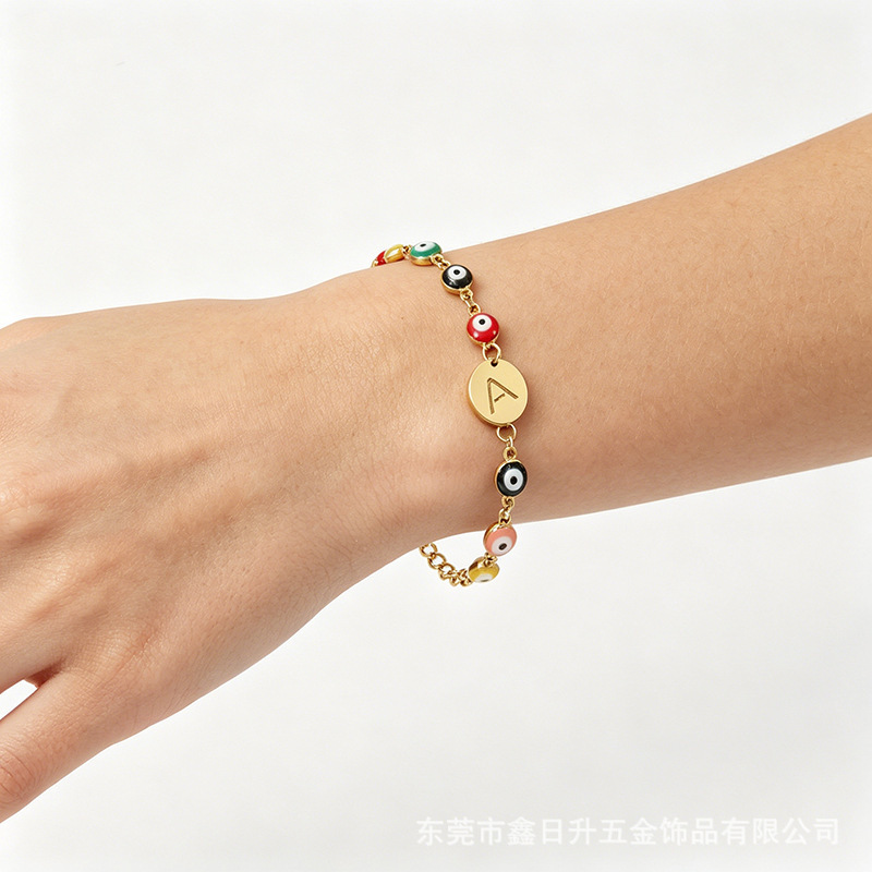 European and American Titanium Steel Golden Devil's Eye Bracelet Female Niche Turkish 18K Stainless Steel 26 Letter Bracelet Wholesale