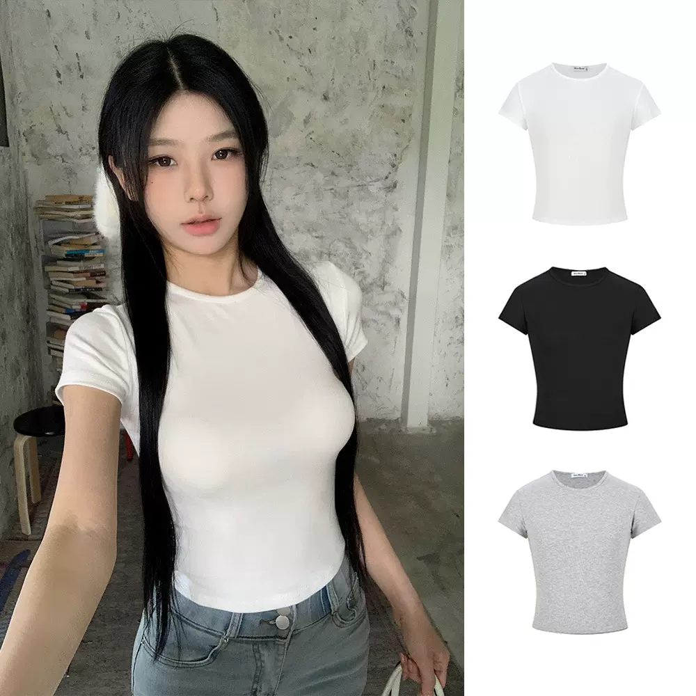匠一跨境 正肩修身短袖T恤女 2025夏季新款辣妹掐腰显瘦外贸上衣