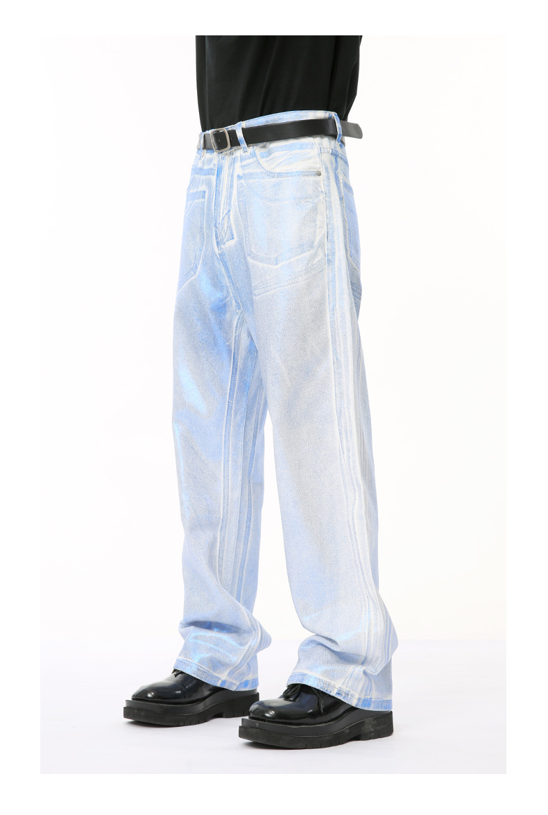 Vêtements pour hommes Nouveautés Niche Design Jean droit argenté brillant ciré_voghion.com