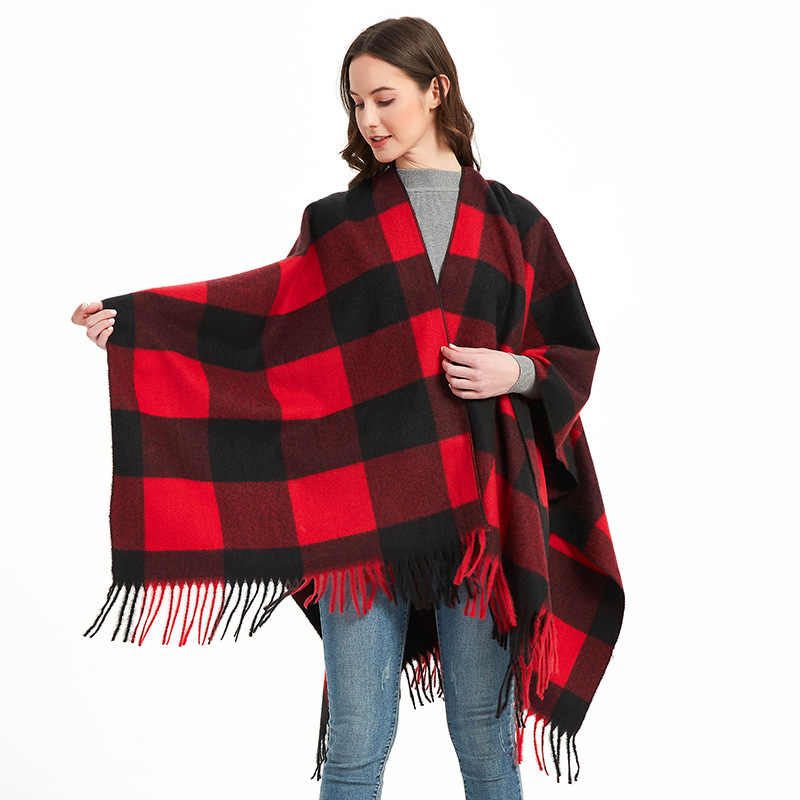 Unisex Autumn/Winter women's split cape thickened plaid bristle fringe cape_viptrois.com