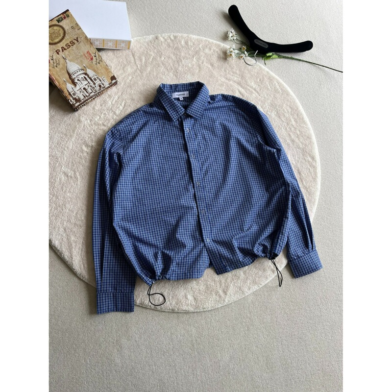 American-Style Trendy Brand Gentleman Navy Blue Plaid Drawstring Miu-Style Long-Sleeve Turn-Down Collar Shirt Short Wide Casual Top for Men