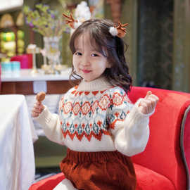 【525】女童毛衣洋气2025秋冬新款韩版女孩宝宝针织衫红色圆领上