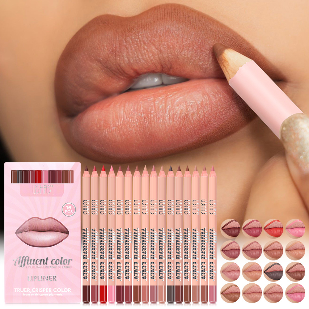 USHAS Juego de delineador de labios transfronterizo europeo y americano 16 tazas impermeables de larga duración fáciles de colorear mate P1028C
