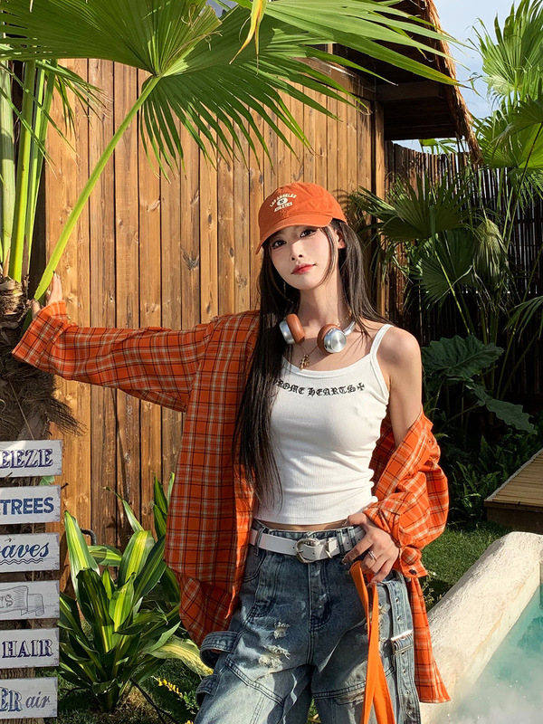 橙色格子衬衫女春秋季美式复古宽松休闲长袖衬衣跨境印花上衣外套|undefined