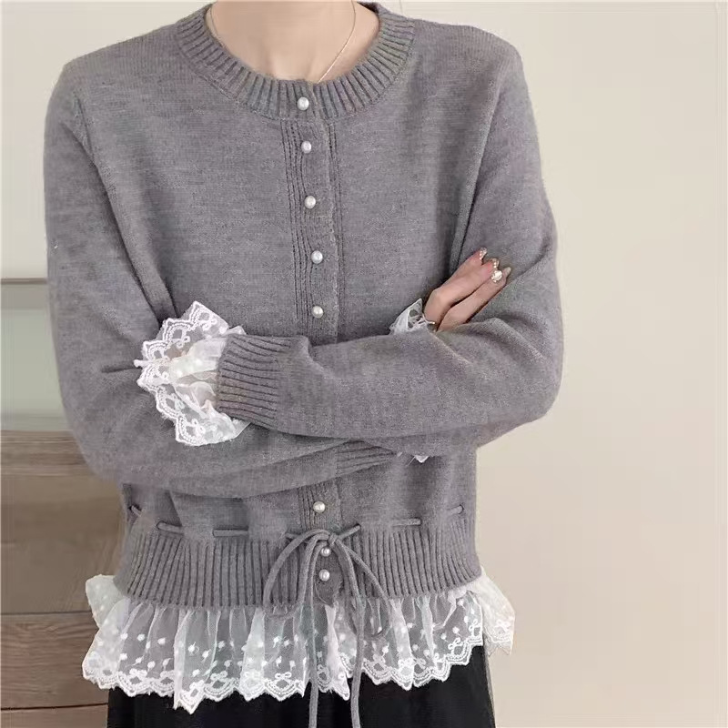 Korean-Style Lazy Style Lace Patchwork Sweater for Women, New Autumn and Winter Design, Waist-Cinching Fresh Knit Cardigan Top