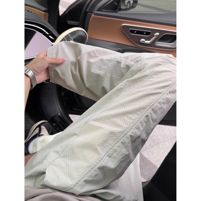 Beige Perforated Breathable Quick-Dry Pants for Men, Summer Thin Spliced Ice Silk Wide-Leg Pants with American-Style Design Sports Pants Beige Perforated Breathable Quick-Dry Pants for Men, Summer Thin Spliced Ice Silk Wide-Leg Pants with American-Style Design Sports Pants