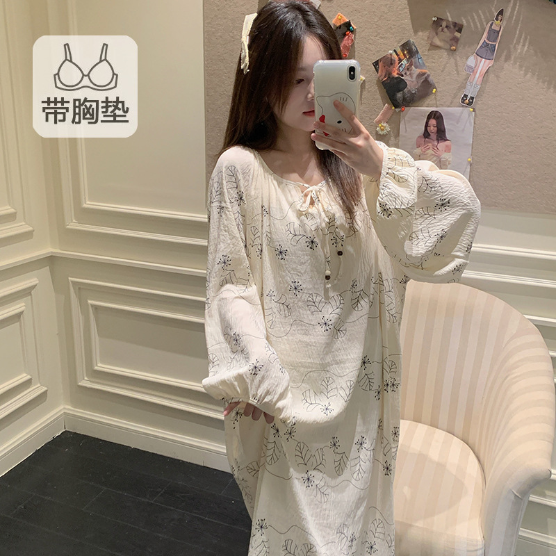 公主风睡裙女带胸垫春秋季甜美宽松云朵棉大码睡衣裙家居服可外穿|undefined