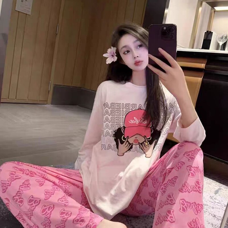 New Spring Barbie Powder Cartoon Baseball Cap Girls Long Sleeve Trousers Home Clothes suit Outer Wear