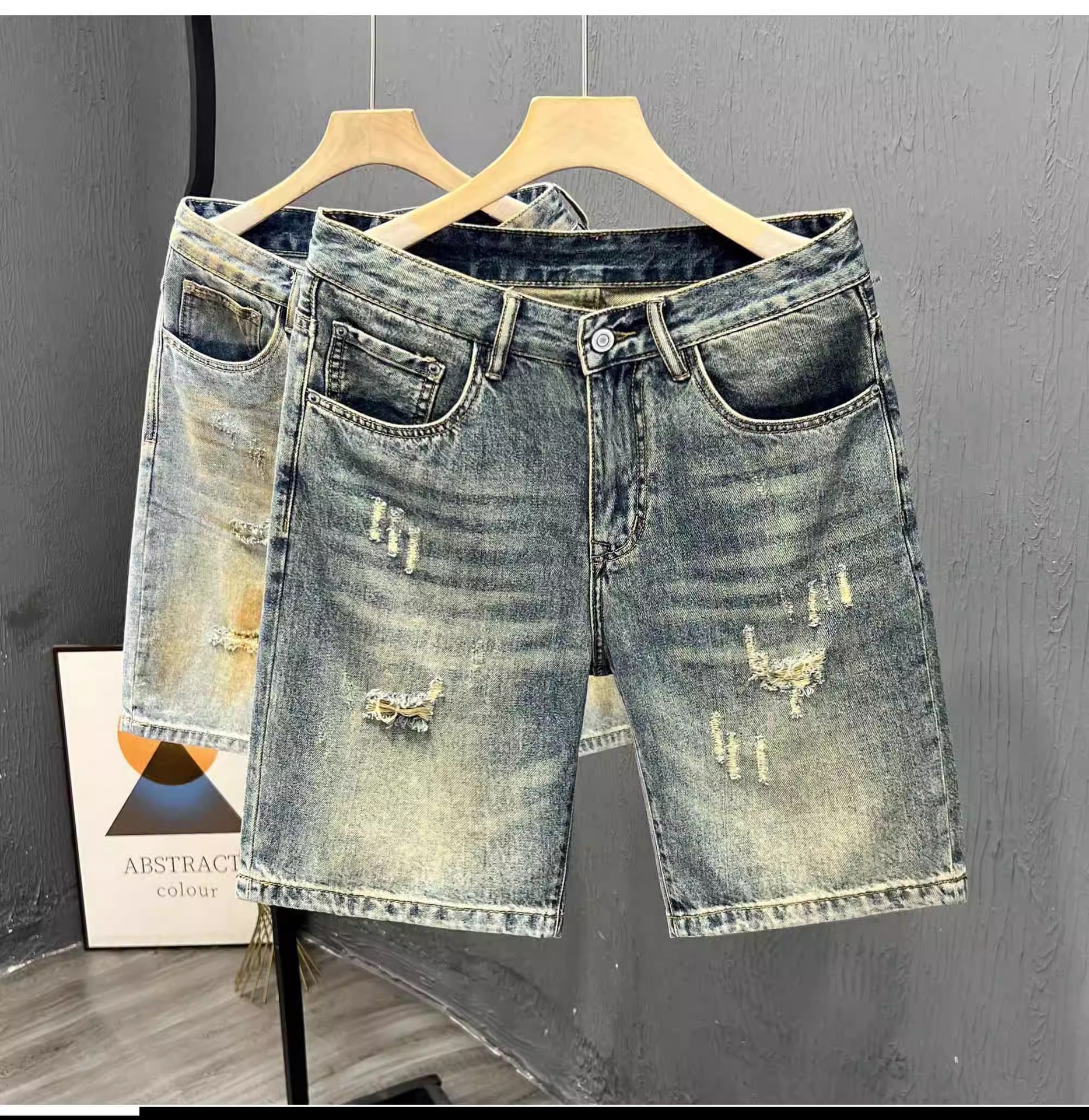 Men's Trendy Denim Shorts Spring Retro Washed Ripped Five Point Harem Pants_mkmklike.com