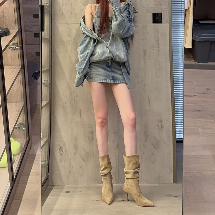 中筒骑士靴女2025秋季新款细跟尖头短靴子显瘦高跟马丁靴堆堆靴子|undefined