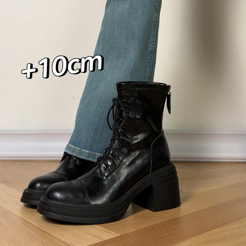 Genuine Leather! Size 33 Small Thick-Soled Inner Heightening Boots for Women 2025 New Velvet High-Heeled Lace-Up Short Boots