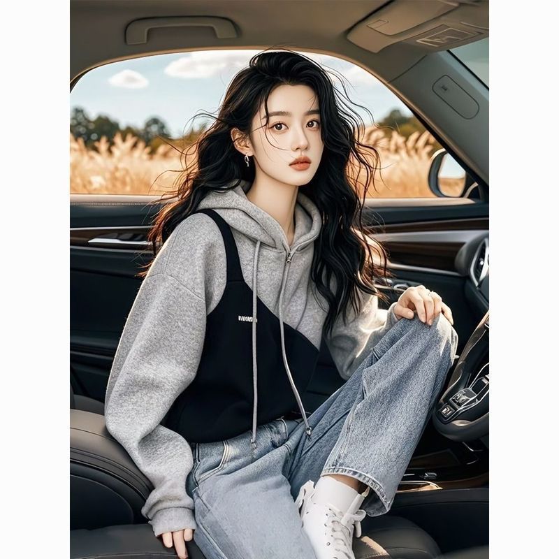 美式慵懒风拼接连帽长袖卫衣女设计感秋冬独特别致超好看撞色上衣|undefined